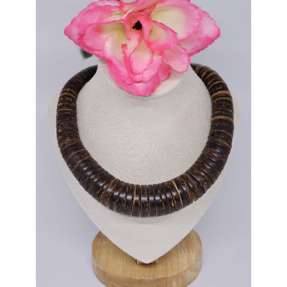 Chunky Graduated Brown Wood Disc Beaded Statement Bohemian Necklace 19" - Picture 6 of 12